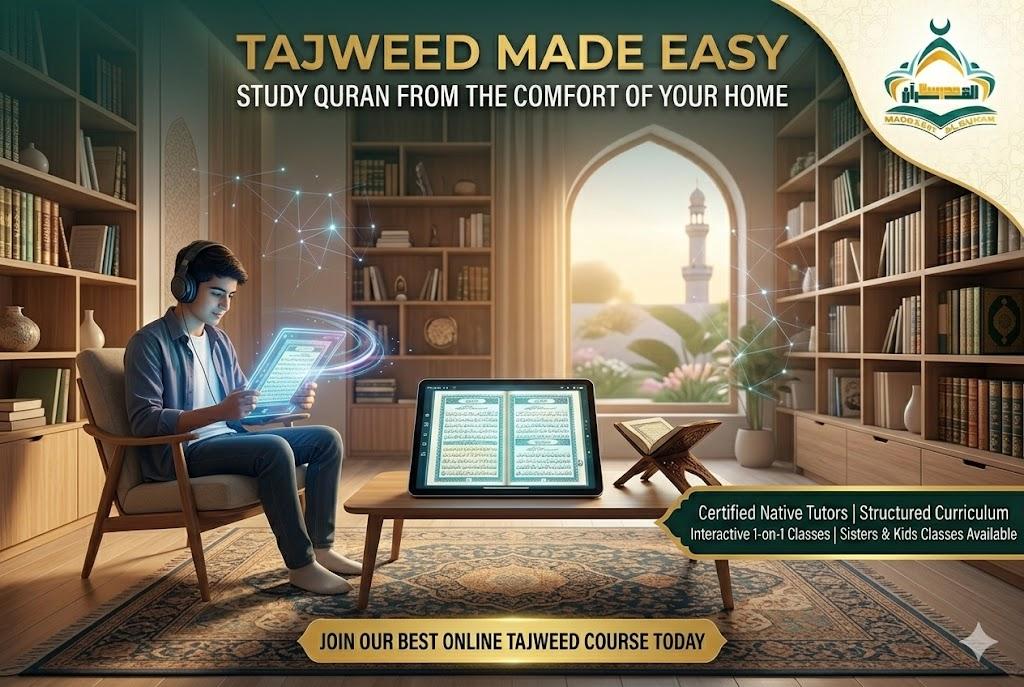 A professional horizontal SEO-optimized poster featuring a glowing Holy Quran on a wooden stand (Rehal) inside a majestic mosque with Islamic arches. The official Madrasat Al Quran logo is placed in the top corner. The design uses warm gold and deep green tones to evoke spirituality and peace